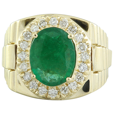 4.59 Carat Mens Emerald 14K Yellow Gold Diamond Ring - Fashion Strada