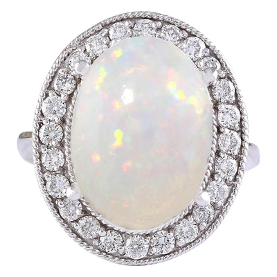 6.45 Carat Natural Opal 14K White Gold Diamond Ring - Fashion Strada