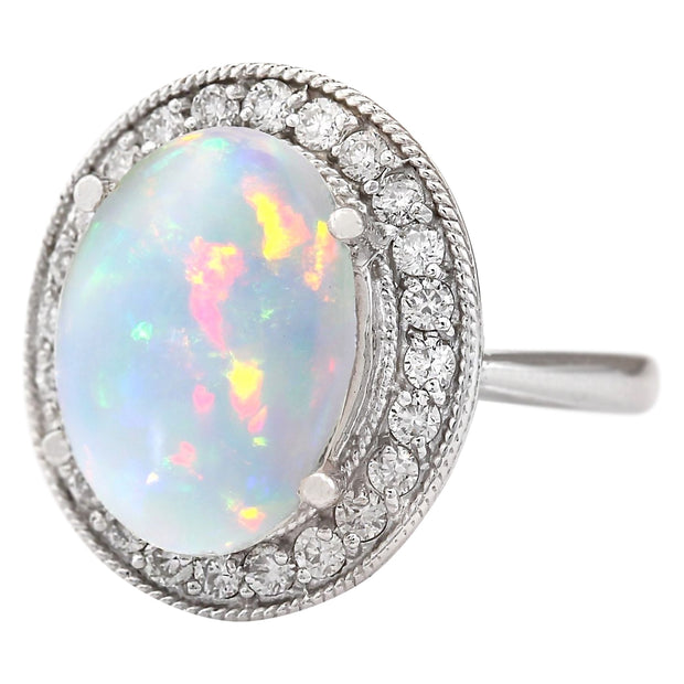 6.48 Carat Natural Opal 14K White Gold Diamond Ring - Fashion Strada