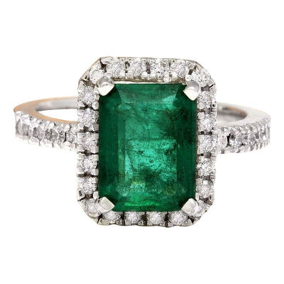 3.61 Carat Natural Emerald 14K Solid White Gold Diamond Ring - Fashion Strada