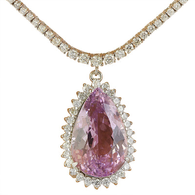 31.36 Carat Kunzite 14K White Gold Diamond Necklace - Fashion Strada