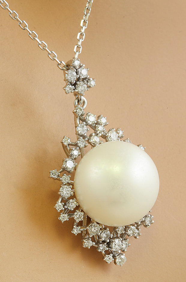 1.10 Carat 14.85mm Pearl 14K White Gold Diamond Necklace - Fashion Strada