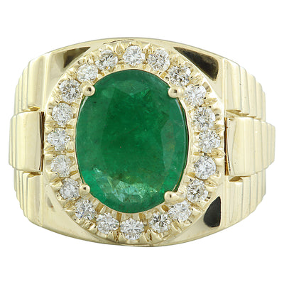 4.59 Carat Mens Emerald 18K Yellow Gold Diamond Ring