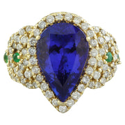 8.47 Carat Tanzanite, Emerald 14K Yellow Gold Diamond Ring - Fashion Strada
