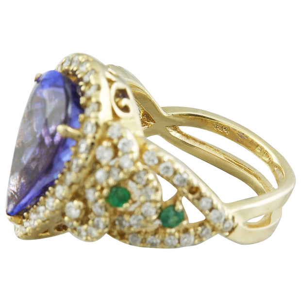 8.47 Carat Tanzanite, Emerald 14K Yellow Gold Diamond Ring - Fashion Strada