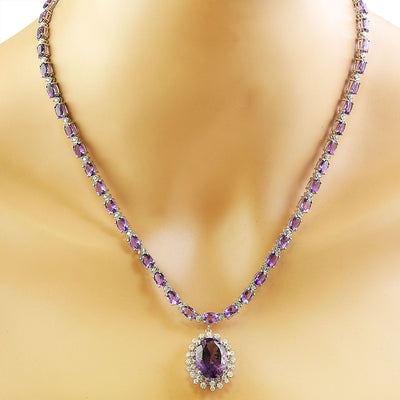 37.52 Carat Amethyst 14K White Gold Diamond Necklace - Fashion Strada