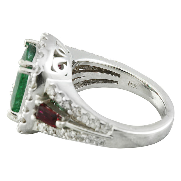 5.20 Carat Emerald Ruby 14K White Gold Diamond Ring - Fashion Strada
