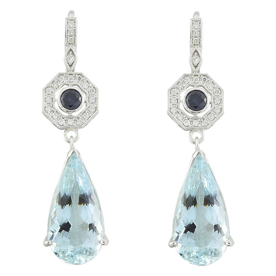 21.50 Carat Aquamarine Sapphire 14K White Gold Diamond Earrings - Fashion Strada