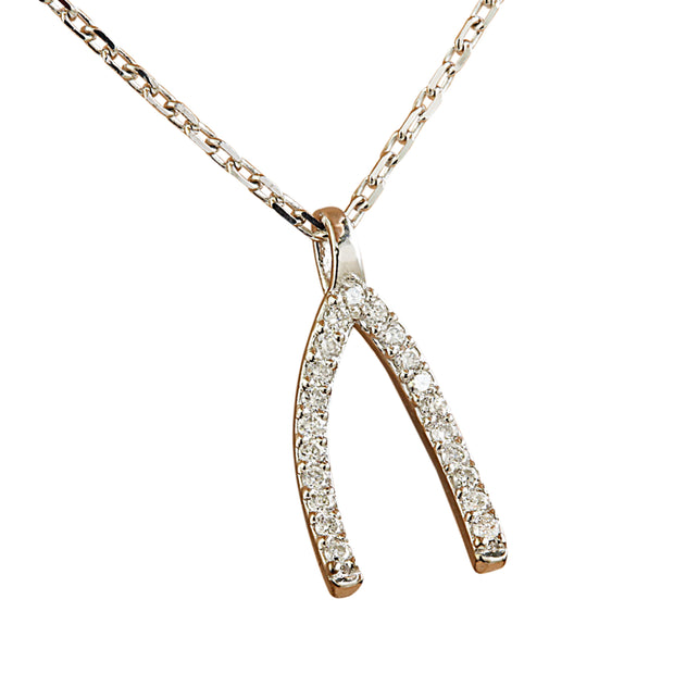 0.11 Carat Diamond 14K White Gold Wishbone Necklace - Fashion Strada