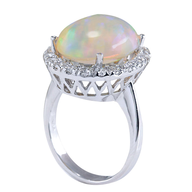 9.30 Carat Natural Opal 14K White Gold Diamond Ring - Fashion Strada