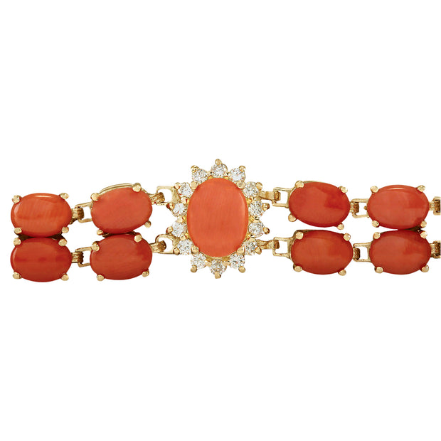 31.50 Carat Natural Coral 14K Yellow Gold Diamond Bracelet - Fashion Strada