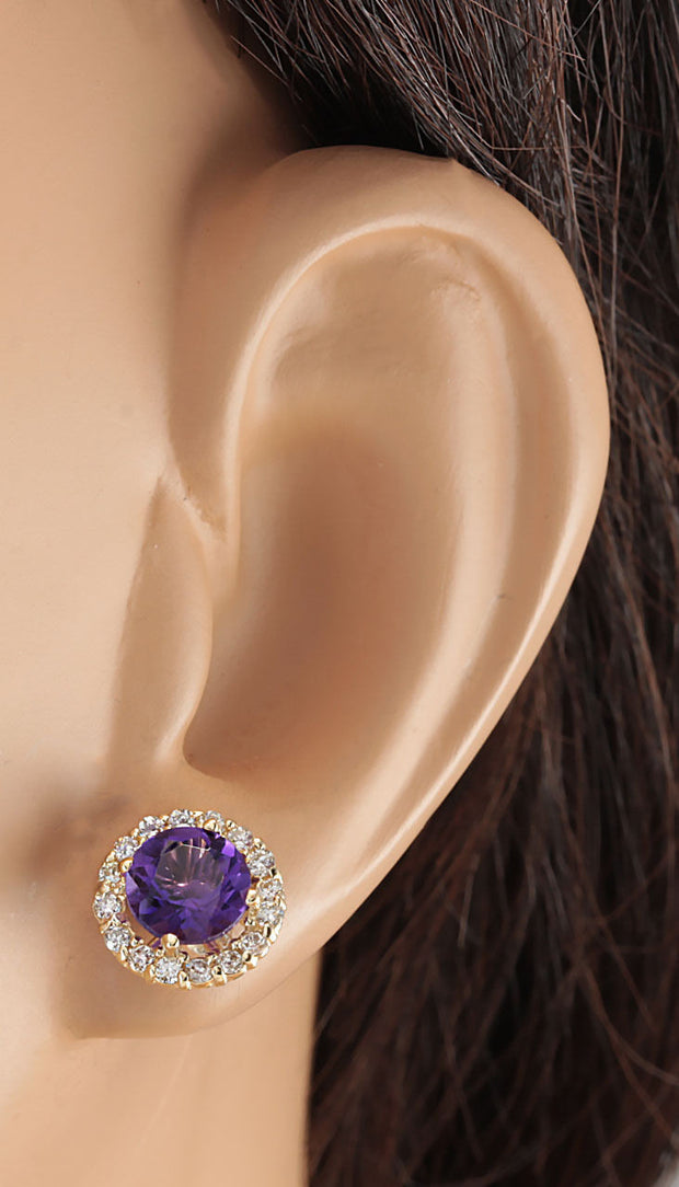 3.65 Carat Natural Amethyst 14K Yellow Gold Diamond Earrings - Fashion Strada