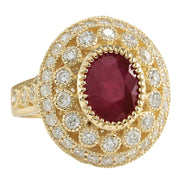 3.64 Carat Natural Ruby 14K Yellow Gold Diamond Ring - Fashion Strada