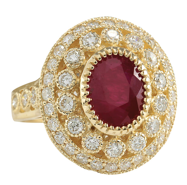 3.64 Carat Natural Ruby 14K Yellow Gold Diamond Ring - Fashion Strada
