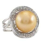 0.60 Carat Natural 13.47 mm South Sea Pearl 14K White Gold Diamond Ring - Fashion Strada