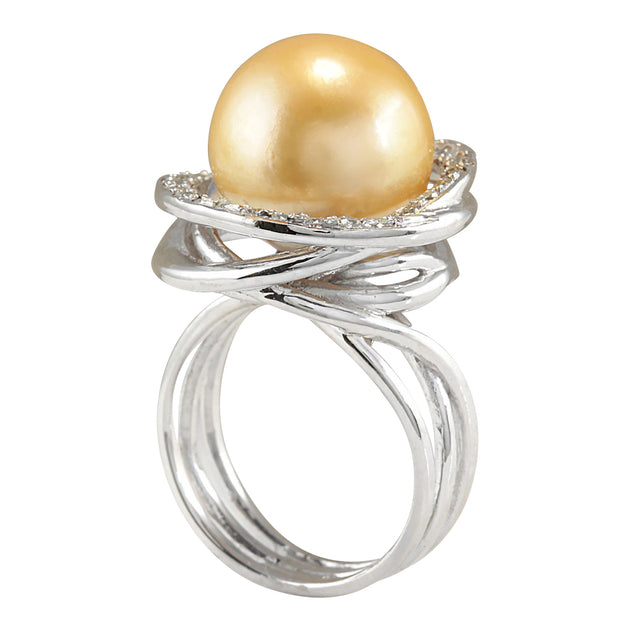 0.60 Carat Natural 13.47 mm South Sea Pearl 14K White Gold Diamond Ring - Fashion Strada