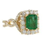 3.18 Carat Natural Emerald 14K Yellow Gold Diamond Ring - Fashion Strada