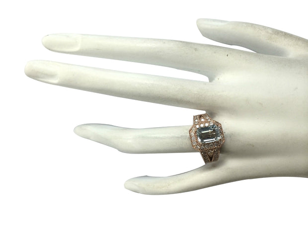 3.12 Carat Natural Aquamarine 14K Rose Gold Diamond Ring - Fashion Strada