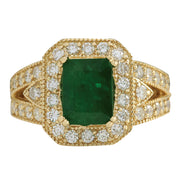 3.60 Carat Natural Emerald 14K Yellow Gold Diamond Ring - Fashion Strada