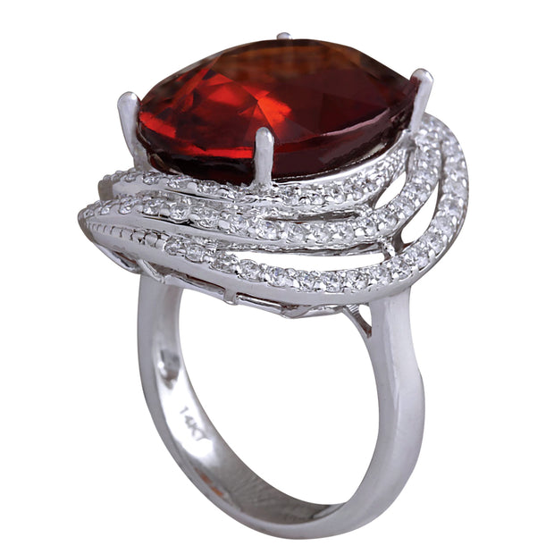 20.25 Carat Natural Hessonite Garnet 14K White Gold Diamond Ring - Fashion Strada
