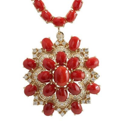 67.80 Carat Natural Coral 14K Yellow Gold Diamond Necklace - Fashion Strada