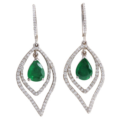 6.98 Carat Natural Emerald 14K White Gold Diamond Earrings - Fashion Strada