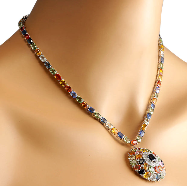 56.60 Carat Natural Ceylon Sapphire 14K White Gold Diamond Necklace - Fashion Strada