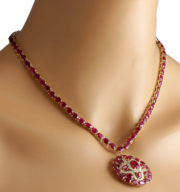 55.35 Carat Natural Ruby 14K Yellow Gold Diamond Necklace - Fashion Strada