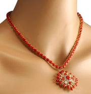 53.01 Carat Natural Coral 14K Yellow Gold Diamond Necklace - Fashion Strada