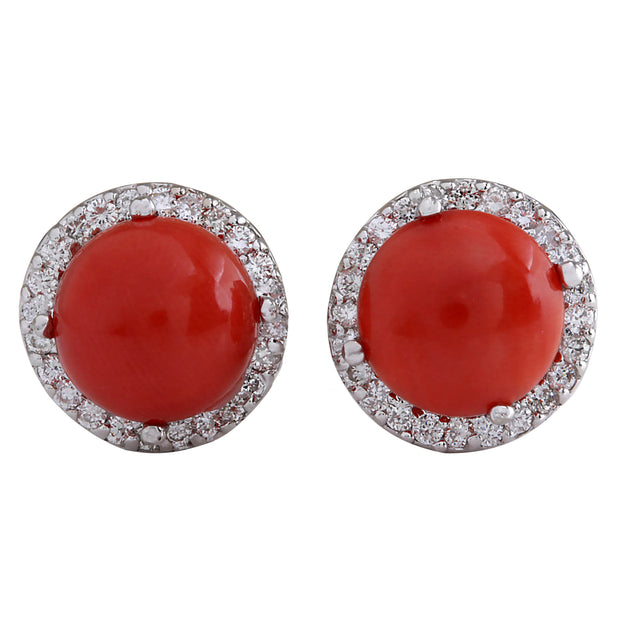 5.89 Carat Natural Coral 14K White Gold Diamond Earrings - Fashion Strada
