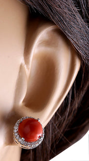 5.89 Carat Natural Coral 14K White Gold Diamond Earrings - Fashion Strada