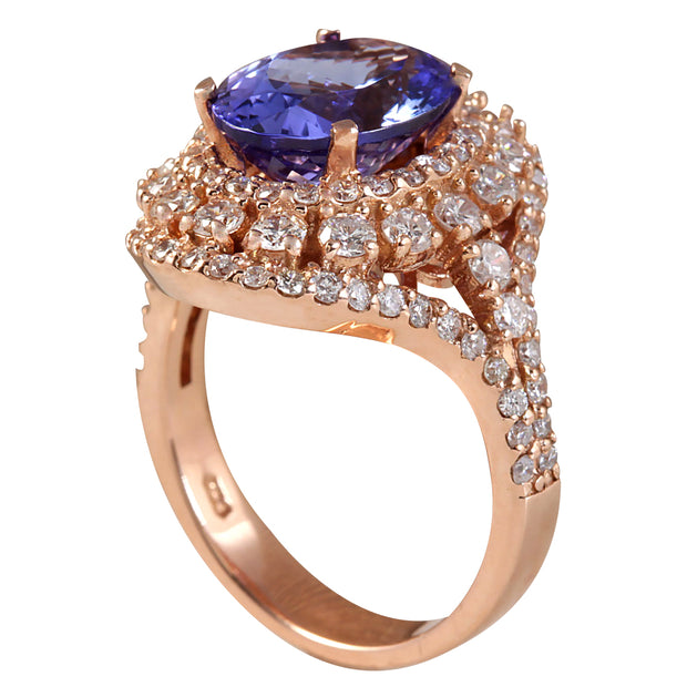 5.72 Carat Natural Tanzanite 14K Rose Gold Diamond Ring - Fashion Strada