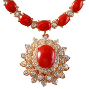 48.42 Carat Natural Coral 14K Yellow Gold Diamond Necklace - Fashion Strada