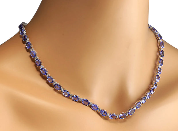 47.36 Carat Natural Tanzanite 14K White Gold Diamond Necklace - Fashion Strada