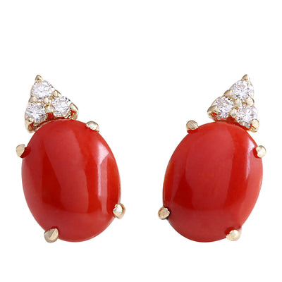 4.34 Carat Natural Coral 14K Yellow Gold Diamond Earrings - Fashion Strada