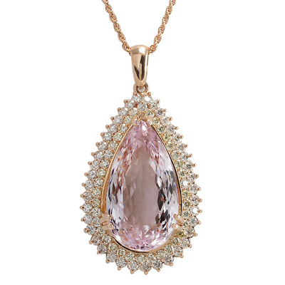 38.92 Carat Natural Kunzite 14K Rose Gold Diamond Necklace - Fashion Strada
