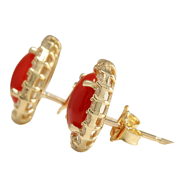 3.10 Carat Natural Coral 14K Yellow Gold Diamond Earrings - Fashion Strada