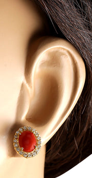 3.10 Carat Natural Coral 14K Yellow Gold Diamond Earrings - Fashion Strada