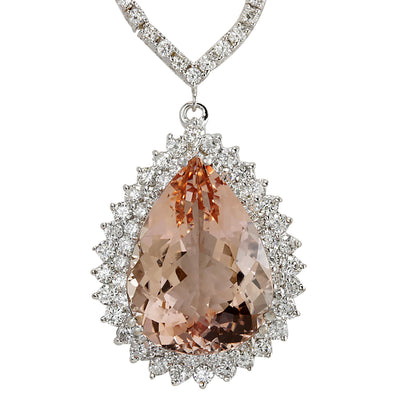 25.92 Carat Natural Morganite 14K White Gold Diamond Necklace - Fashion Strada