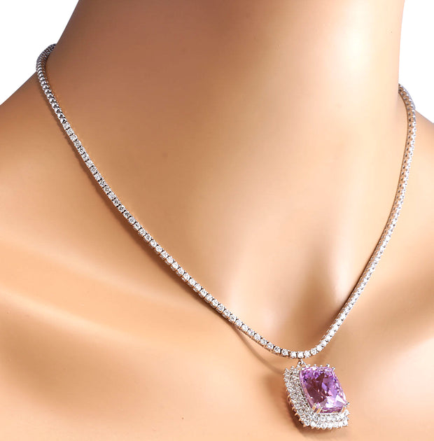 24.17 Carat Natural Kunzite 14K White Gold Diamond Necklace - Fashion Strada