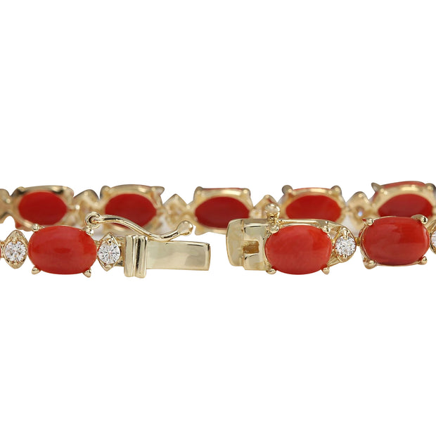 17.47 Carat Natural Coral 14K Yellow Gold Diamond Bracelet - Fashion Strada