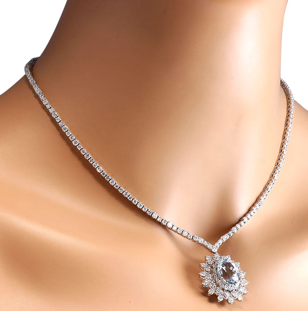 14.86 Carat Natural Aquamarine 14K White Gold Diamond Necklace - Fashion Strada
