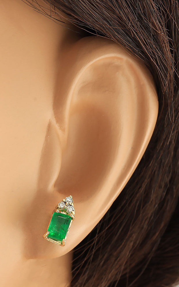 1.60 Carat Natural Emerald 14K Yellow Gold Diamond Earrings - Fashion Strada