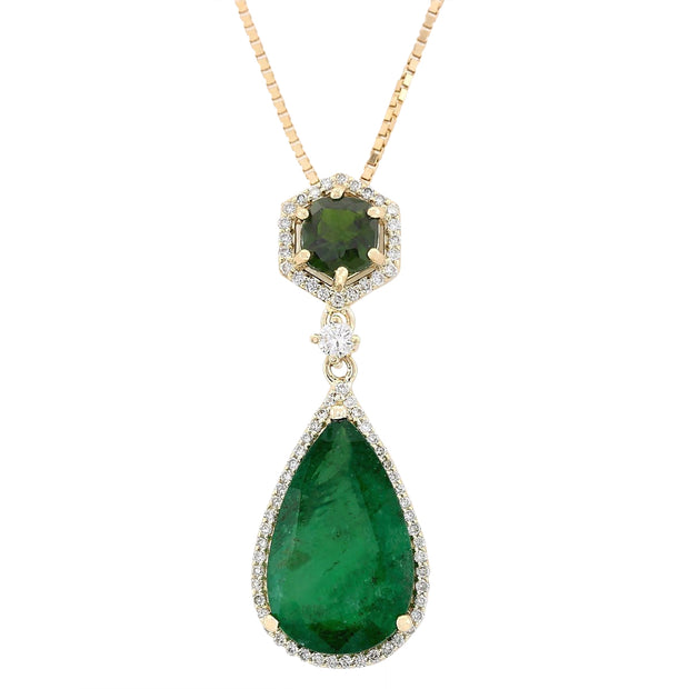 10.00 Carat Natural Emerald Tsavorite 14K Yellow Gold Diamond Necklace - Fashion Strada
