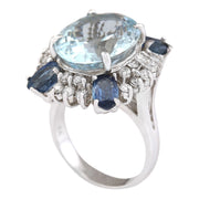 11.57 Carat Natural Aquamarine Sapphire 14K White Gold Diamond Ring - Fashion Strada