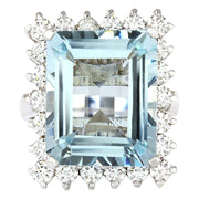 12.71 Carat Natural Aquamarine 14K White Gold Diamond Ring - Fashion Strada