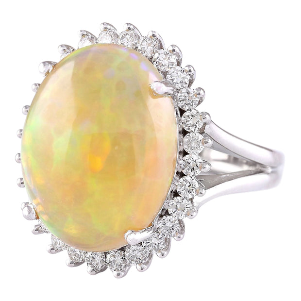 13.48 Carat Natural Opal 14K White Gold Diamond Ring - Fashion Strada