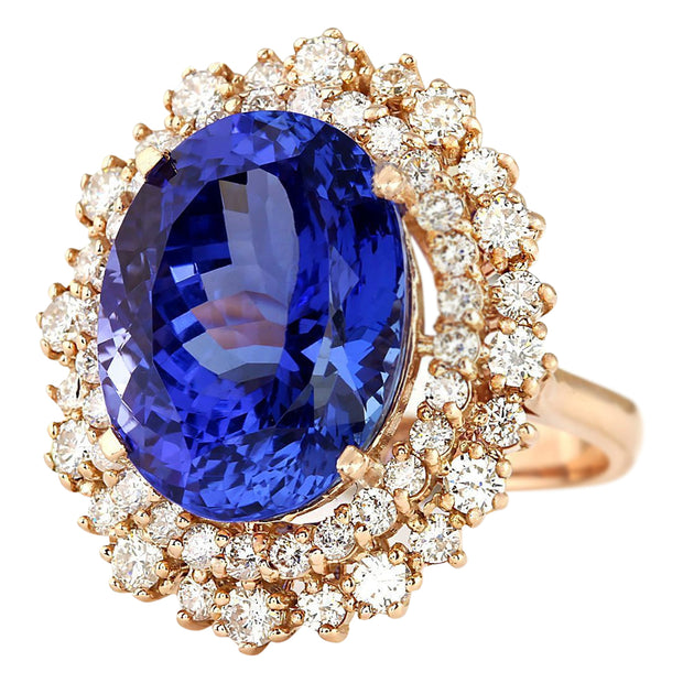 13.49 Carat Natural Tanzanite 14K Rose Gold Diamond Ring - Fashion Strada