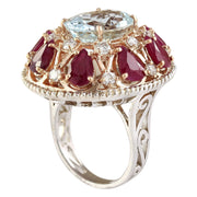 14.14 Carat Natural Aquamarine Ruby 14K Two Tone Gold Diamond Ring - Fashion Strada