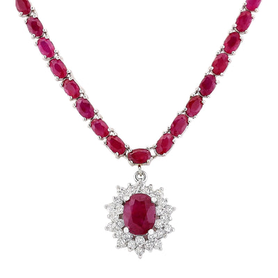 28.04 Carat Natural Ruby 14K White Gold Diamond Necklace - Fashion Strada